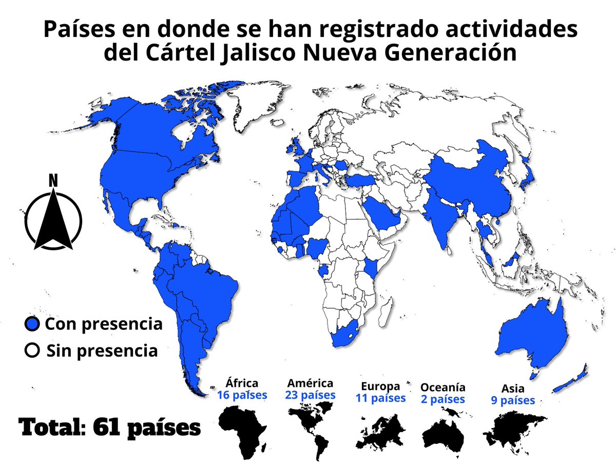Hace unos meses escribí para <a href="/nexosmexico/">Revista Nexos</a> un artículo que es relevante en estos momentos, en donde se muestra como el CJNG ha expandido sus operaciones a 61 países de los 5 continentes, les comparto el mapa y en el primer comentario el artículo.