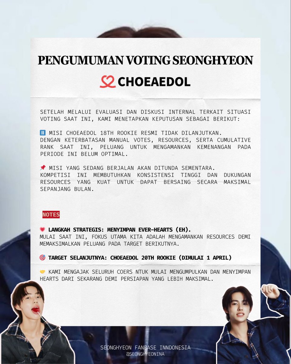 📢 PENGUMUMAN VOTING SEONGHYEON DI CHOEAEDOL

Mulai sekarang kita BERHENTI drop EH dulu, ya. Berhubung kita akan fokuskan di bulan April, maka sekarang waktunya nabung Ever-Hearts (EH) untuk voting Seonghyeon tanggal 1 April 🔥

Jadi, jangan dipakai sekarang, ya! Kita kumpulkan
