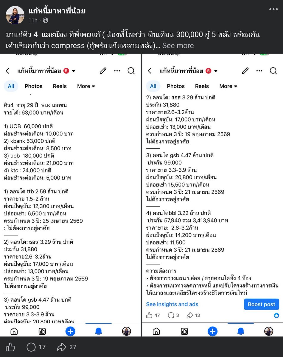 เพจแก้หนี้ทาหาพี่น้อย มีกรณีแก้หนี้ 2 เคส ที่คล้ายๆ กัน แต่สาหัสต่างกัน คือ เคสนึงเงินเดือน 3 แสน แต่ผ่อนบ้านหลังละ 20 ล้าน 5 หลังพร้อมกัน อีกเคส เงินเดือน 63,000 บาท แต่ผ่อนคอนโด 4 ห้องพร้อมกัน ราคารวมๆ ประมาณ 13-14 ล้านบาท เรียกว่า เกินตัวไปไกล

พิจารณาจากพฤติการณ์แล้ว