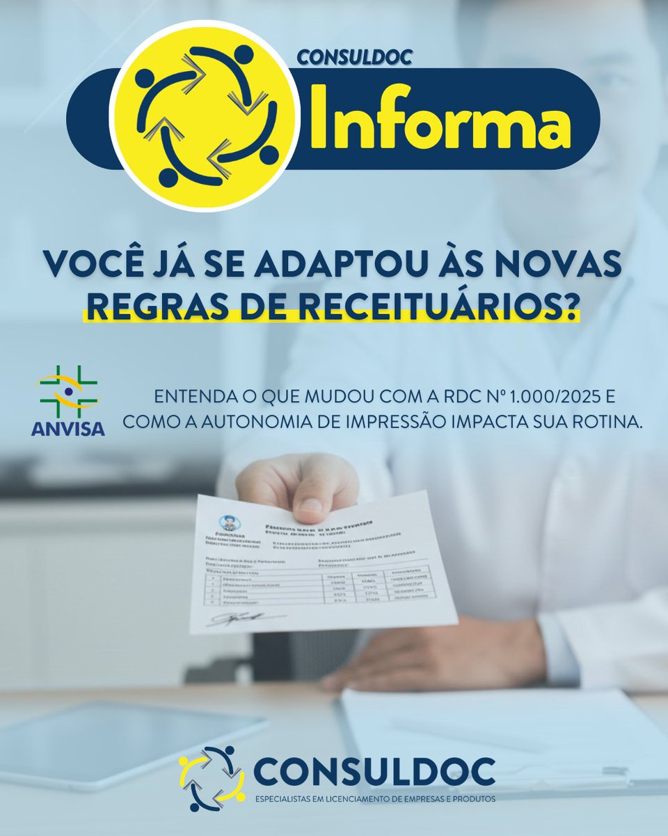 CONSULDOC's tweet photo. A RDC 1.000/2025 já está valendo! Agora, médicos e clínicas podem imprimir seus próprios receituários controlados (incluindo a Notificação A) em gráficas.

Mas atenção: a numeração oficial da Vigilância continua obrigatória.

Siga a CONSULDOC para atualizações! #Anvisa #RDC1000 https://t.co/0FhsJhF7QQ