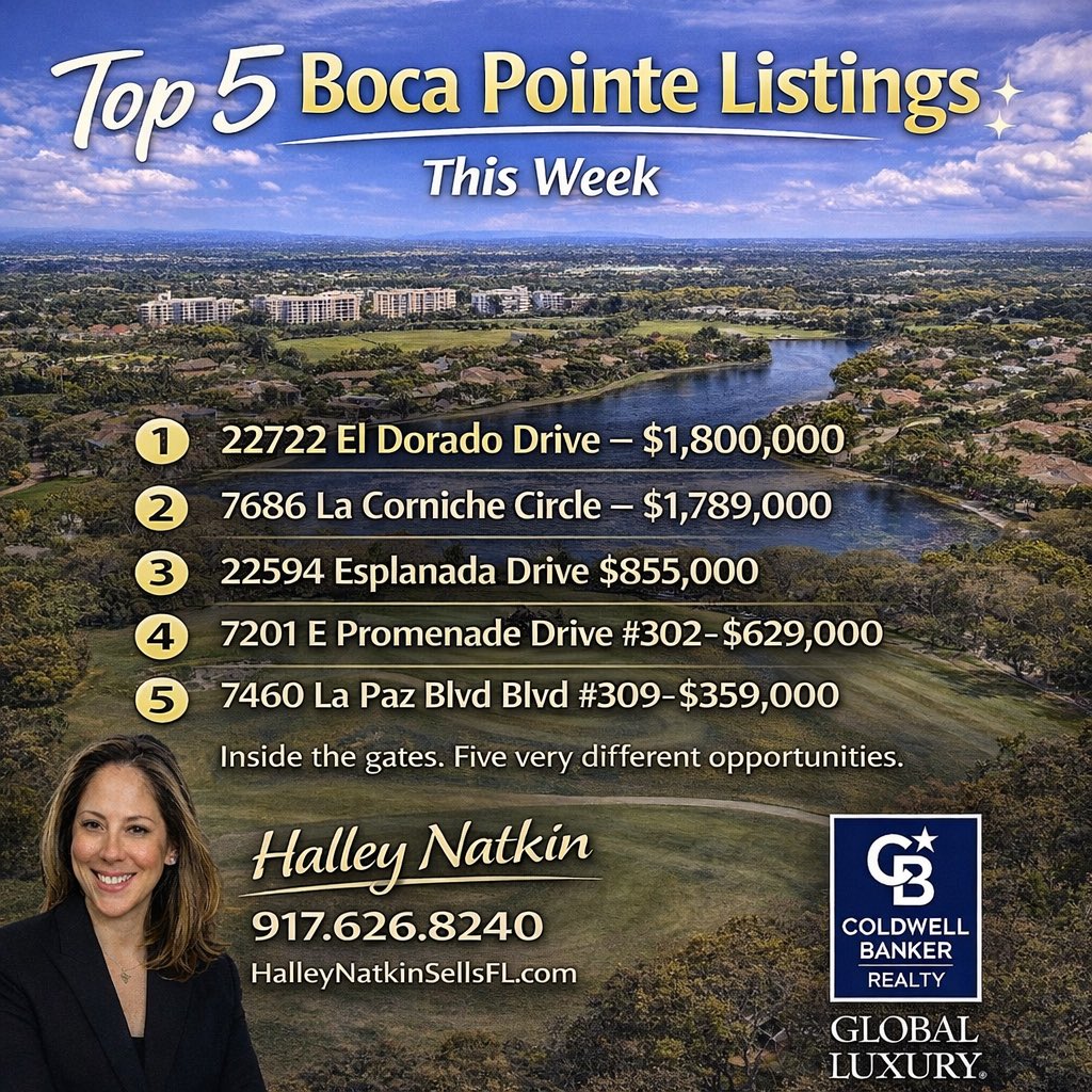 HalleyNatkin's tweet photo. https://t.co/Pyb9OQMRPP

Top 5 Boca Pointe Listings This Week ✨ https://t.co/lnaR5RNOBe