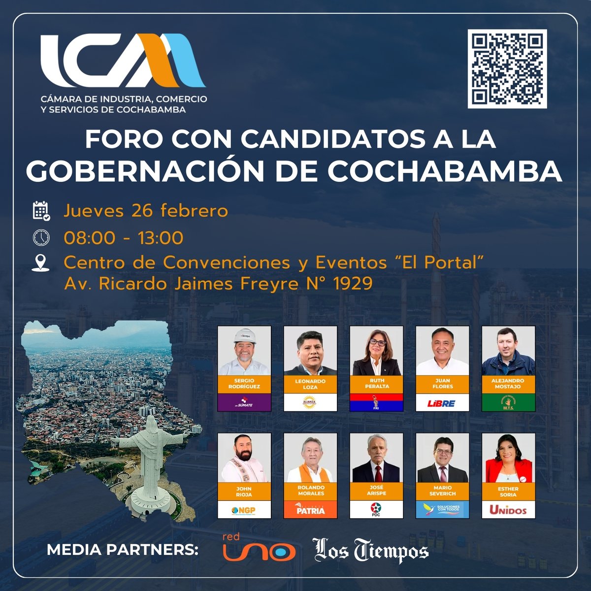 FORO CON CANDIDATOS A LA GOBERNACIÓN DE COCHABAMBA
Jueves 26 de febrero
08:00 a 13:00
"El Portal"
Ingreso gratuito* | Cupos limitados
Confirma escaneando el QR o  forms.gle/3BmgYwPjpHcFff…
#ICAM #ForoCandidatos #EleccionesSubnacionales #VotoInformado #DesarrolloCochabamba