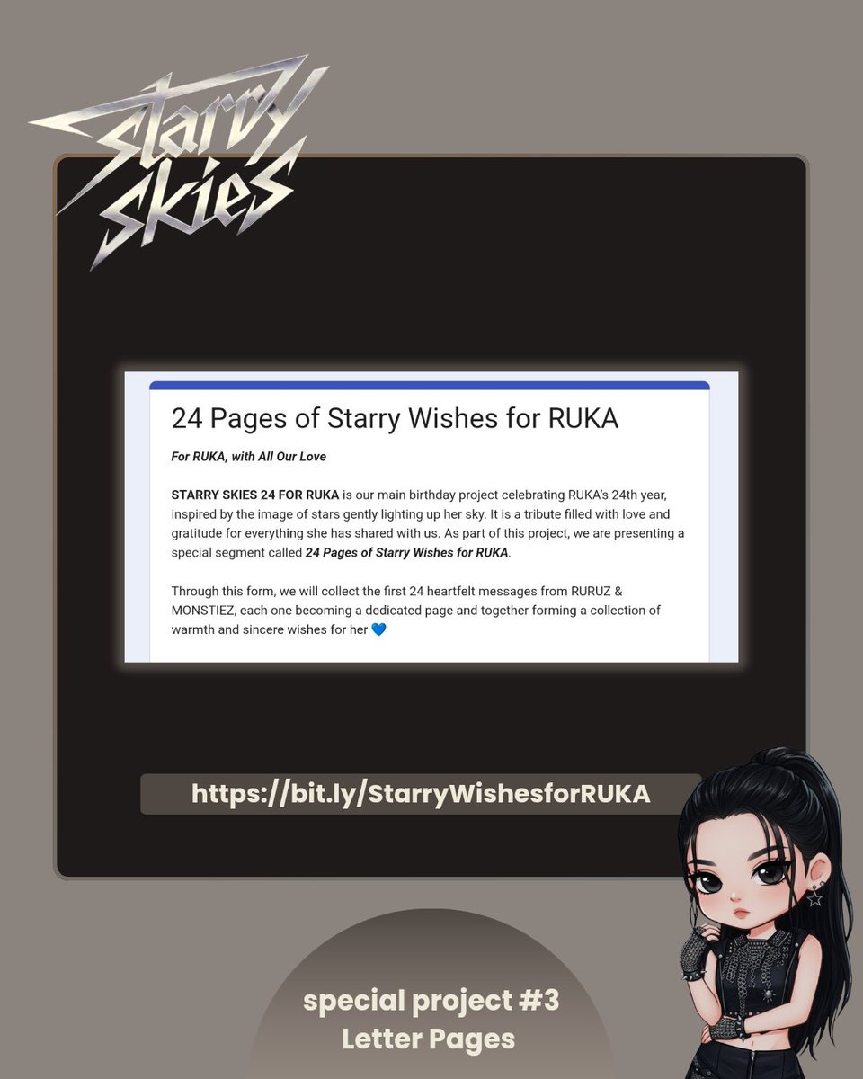 Be one of the 24 stars for RUKA 💫

Join STARRY SKIES 24 FOR #RUKA and send your heartfelt message for 24 Pages of Starry Wishes for RUKA ✨

🖇bit.ly/StarryWishesfo…

#STARRYSKIES
#KAWAIRKPROJECT