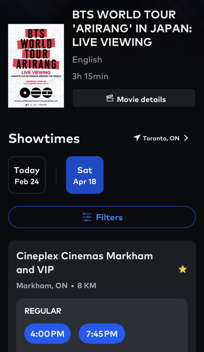 TorontoArmy's tweet photo. You can book your tickets for BTS World Tour ‘ARIRANG’ in Goyang and Japan Live Viewing from Cineplex App ($24.99 plus tax &amp; fee)
#BTS_ARIRANG #BTS_WORLDTOUR #BTS_WORLDTOUR_ARIRANG #BTSComeback2026 https://t.co/dXYumt93ki