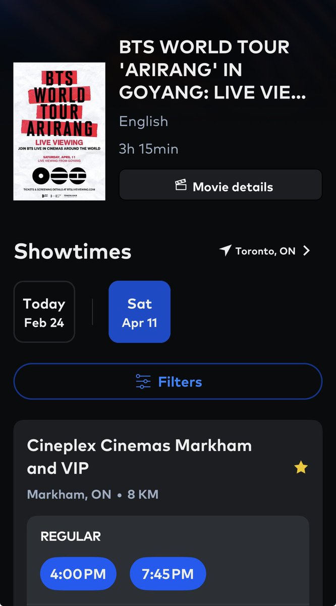 TorontoArmy's tweet photo. You can book your tickets for BTS World Tour ‘ARIRANG’ in Goyang and Japan Live Viewing from Cineplex App ($24.99 plus tax &amp; fee)
#BTS_ARIRANG #BTS_WORLDTOUR #BTS_WORLDTOUR_ARIRANG #BTSComeback2026 https://t.co/dXYumt93ki