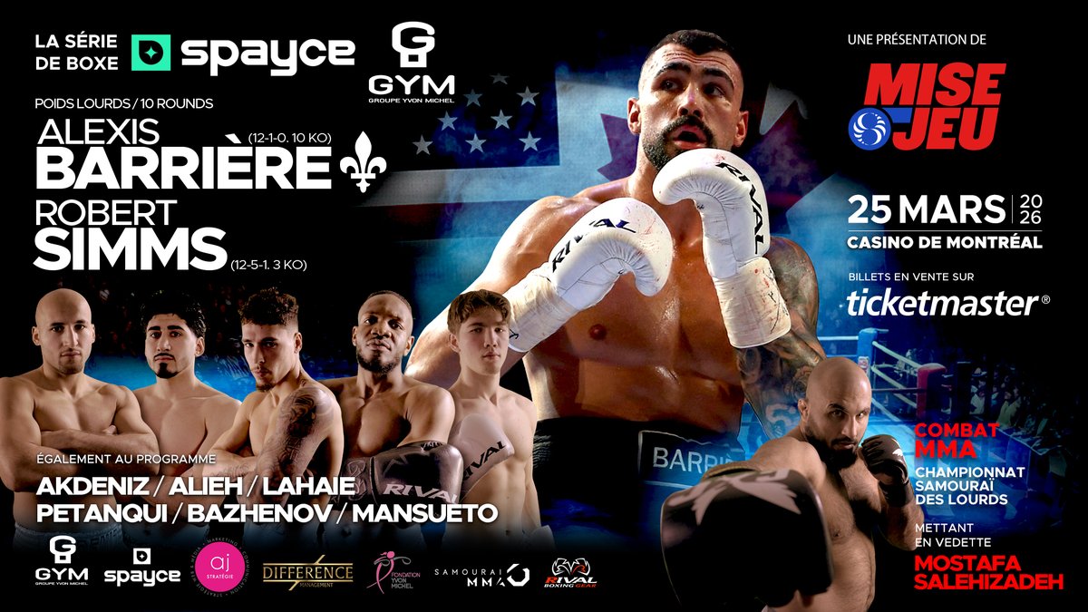 Demain 25 mars à 11h00, conférence de presse #BarrièreSimms Gala de boxe Spayce, présenté par Mise au Jeu, une promotion de GYM, en direct du <a href="/CasinoMontreal/">Casino de Montréal</a> . #boxe #boxing 

C'est un rendez-vous! 🥊
youtube.com/live/H68rZc9JM…
