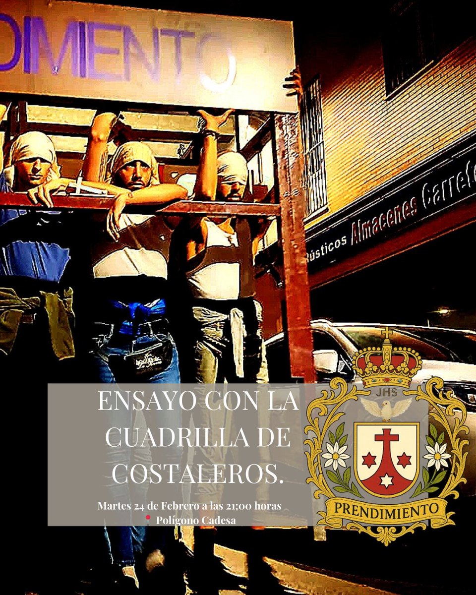 bctprendimiento's tweet photo. ENSAYOS 🎺🥁

Hoy martes 24 de febrero tenemos un ensayo un diferente de lo habitual, pues lo haremos con la cuadrilla de costaleros de Ntro. Padre Jesús en su Prendimiento de @PrendimientoDH

🕘 A partir de las 21:00 horas.
📍Polígono Cadesa (C/ Alisios)

#SonesdePrendimiento https://t.co/EIM8kO62Ea