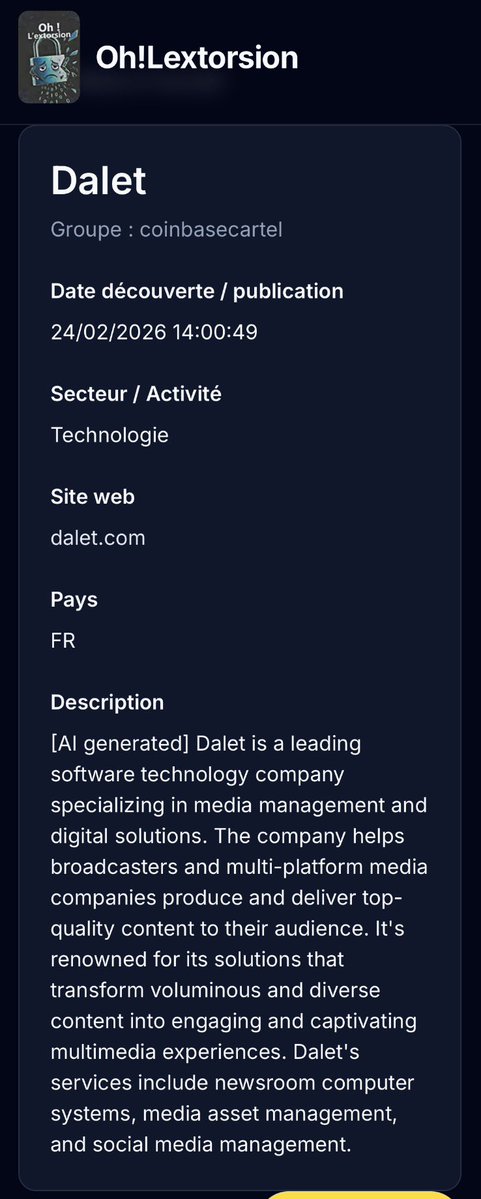 🚨🇫🇷 Dalet listé aujourd’hui par Coinbasecartel (24/02/2026)

Dalet est un éditeur logiciel bien connu dans le monde broadcast &amp; médias :
- Media Asset Management (MAM)
- Newsroom systems
- Workflows production &amp; distribution pour TV, streaming, sports, etc.

Clients typiques :