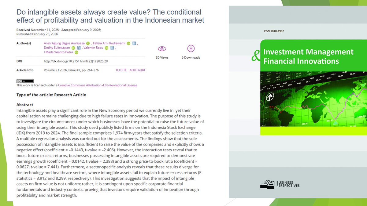 imfi_journal's tweet image. 🔗 lnkd.in/dqk2SPgs
📝Do intangible assets always create #value? The conditional effect of #profitability and valuation in the Indonesian market
👥 Anak Agung Bagus Amlayasa, Felizia Arni Rudiawarni, Dedhy Sulistiawan, Valentin Radu, I Made Wianto Putra