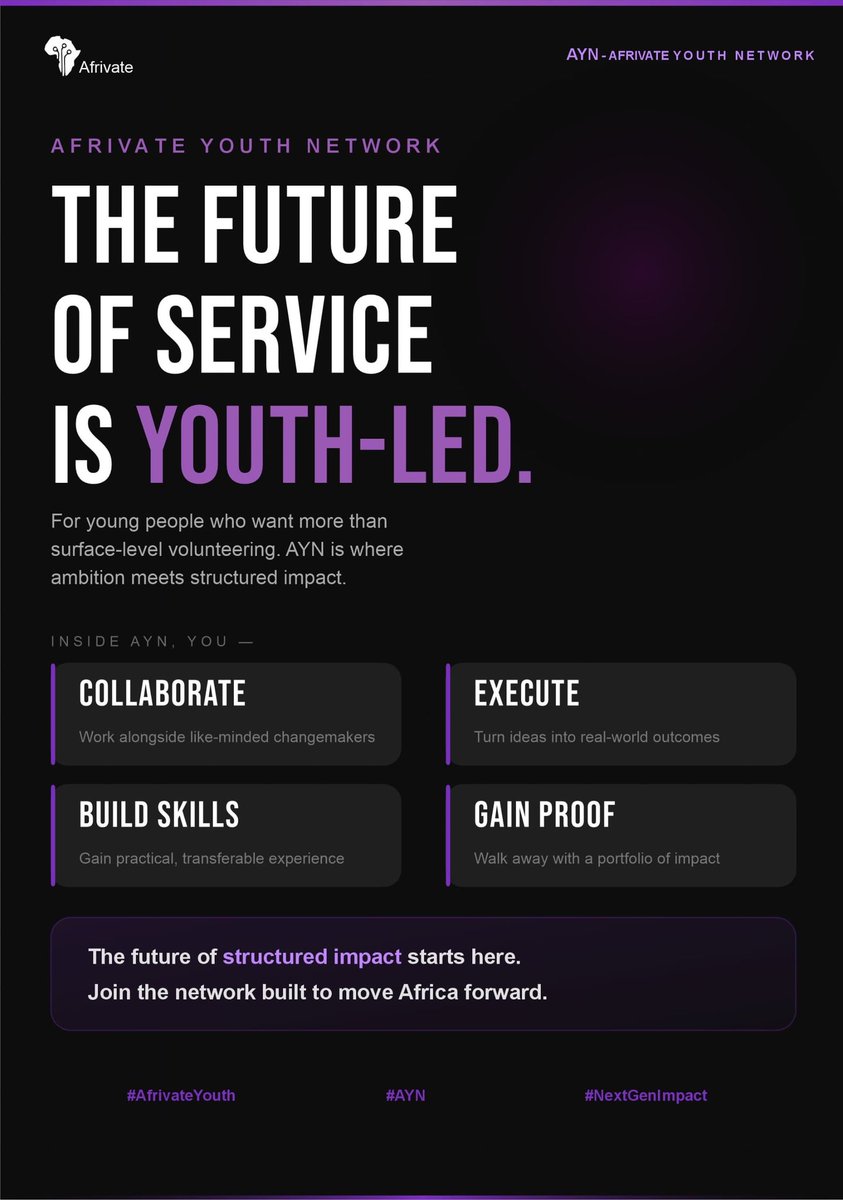 Afrivate_'s tweet photo. The future of service is youth-led.
AYN is building a generation that collaborates, executes, and delivers measurable impact.
This isn’t surface-level volunteering . It’s structured action.
Are you in?
#Afrivate #AYN #NextGenImpact https://t.co/Y4KeOxdgBV