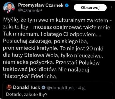 😂😂😂"proniemiecki kretyn" Niestety, sam Tusk podstawia się, by w niego walić jak w dziurawy niemiecki worek.