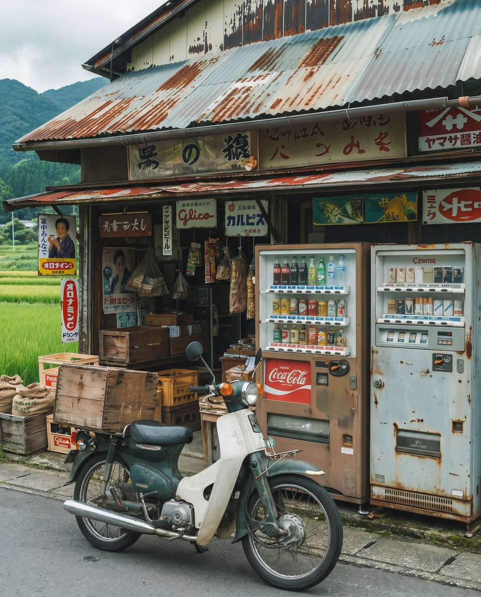 錆びた屋根と変わらぬ日常
A rusty roof and the unchanging everyday

側溝と自販機の下辺りはまるで写真。でも当時はまだペットボトルないですよ..
Nano Banana Pro