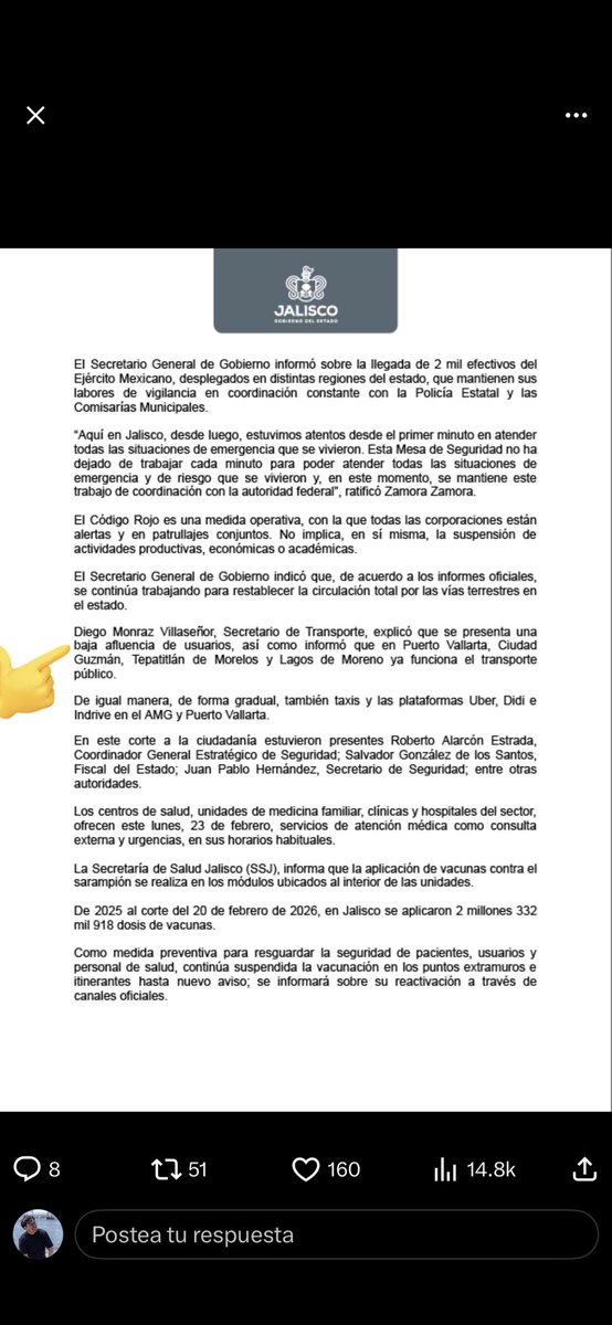 En un mismo comunicado, el gobierno de Jalisco se atrevió a decir que sólo funciona el "16% del transporte público colectivo" (camiones) y también afirmar que hay "baja afluencia". 🤡

Pues cómo esperan que haya "afluencia", si la ciudadanía lleva dos días sin poder usar el TP.