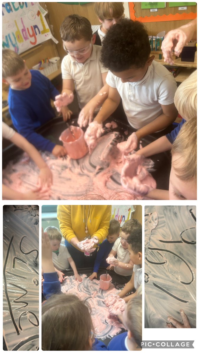 rhosstreet's tweet photo. Blwyddyn 1 have really enjoyed making slime! We added food colouring with borric acid and PVA glue and stirred to create our slime! We used the tuff tray to practice our sound of the week and words relating to the experiment. Da Iawn Pawb #rsssci https://t.co/Z44xoZoIJ4
