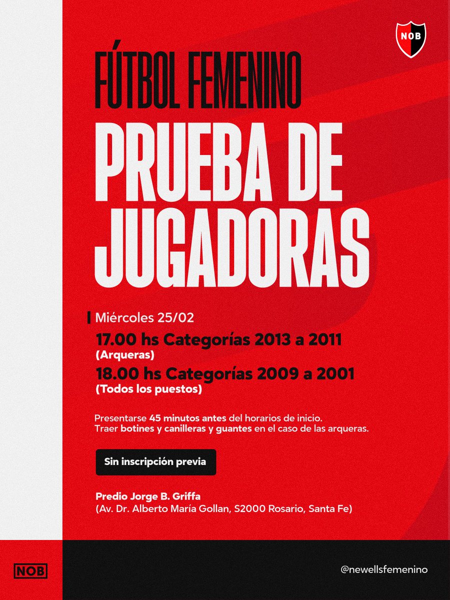 NewellsFem's tweet photo. Prueba de jugadoras 🏃‍♀️⚽️

📌 Este miércoles se realizarán pruebas en el Centro de Entrenamiento Jorge Griffa.

¡Las esperamos! ❤️🖤 https://t.co/ihHtE2Knhk