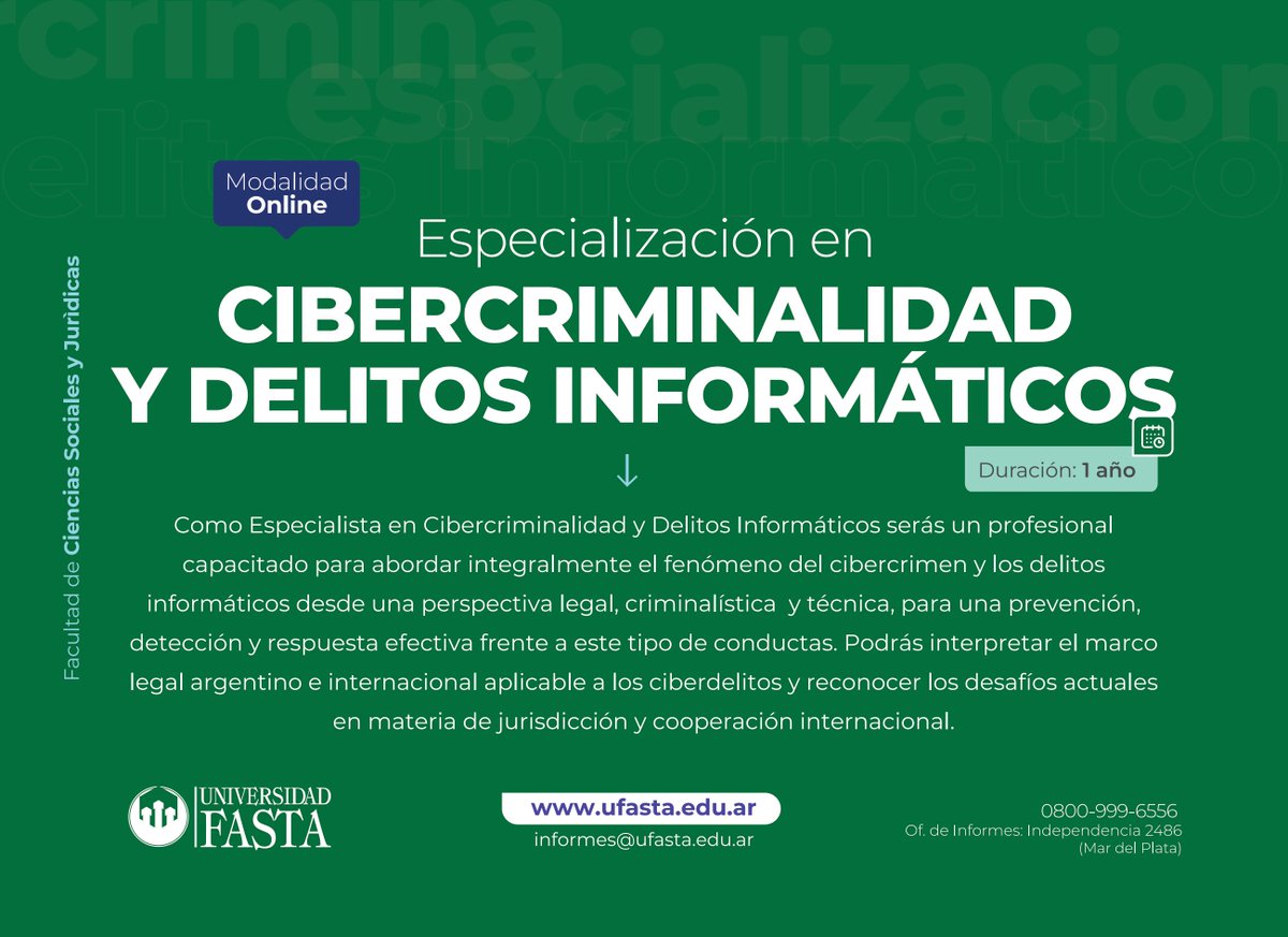 grsain's tweet photo. Continúa abierta la inscripcion para la nueva Especialización en Cibercriminalidad y Delitos Informáticos de la Universidad FASTA, al cual tengo el honor de dirigir junto con los mejores profesionales en la temática. 

Inicia el 13 de abril. Informes e inscripción: https://t.co/qYdgL3sy2o
