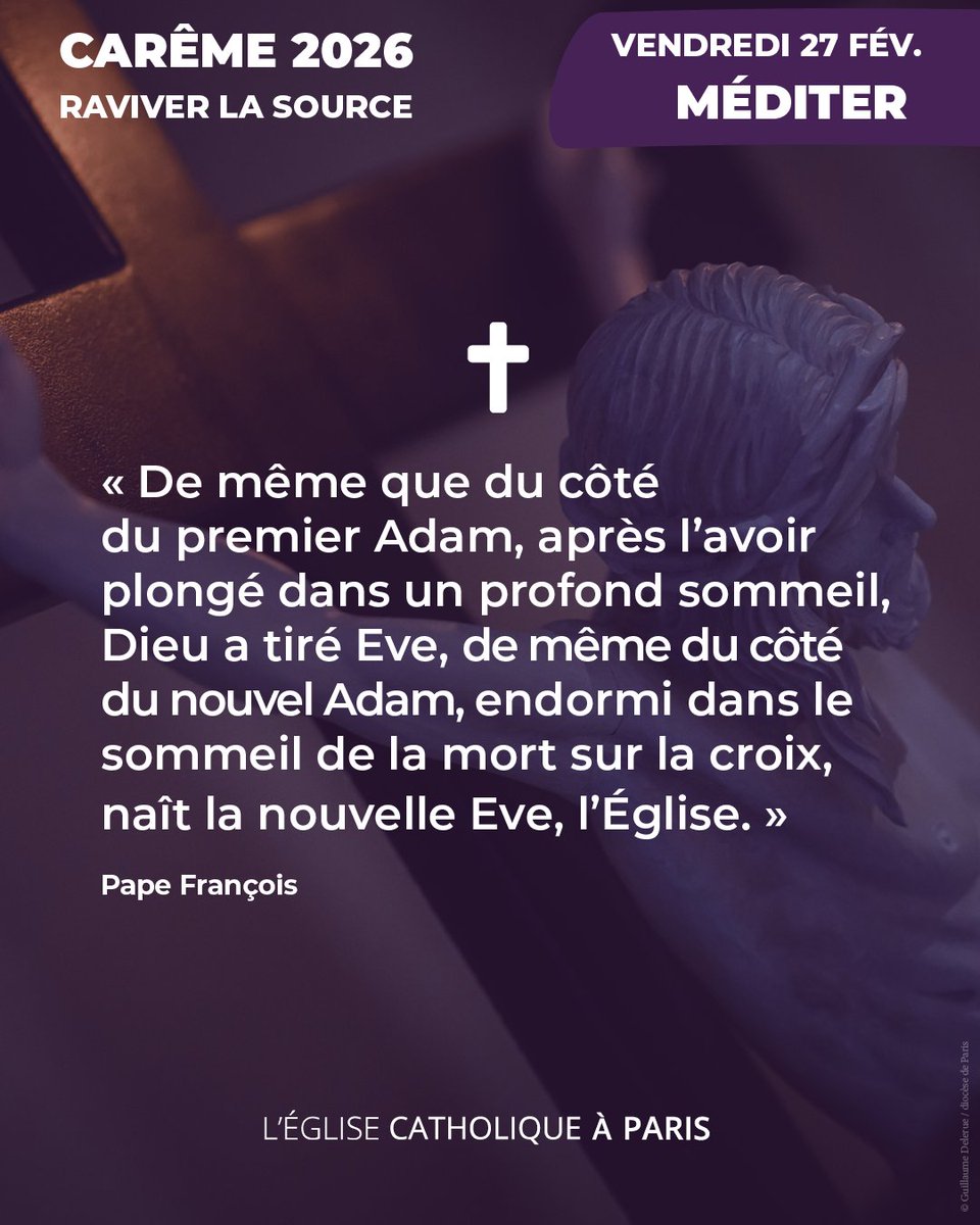 ✝️ En ce vendredi, nous méditons avec le pape François sur le côté transpercé du Christ, d'où naît l'Église. 

🙏 Pour approfondir encore notre regard sur la Crucifixion, nous pouvons nous joindre à un chemin de croix, proposé par les paroisses parisiennes chaque vendredi de