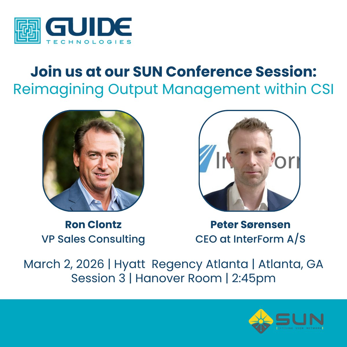 GuideTechSvc's tweet image. If you're attending the 2026 SUN Conference next week, don’t miss our session:

🎤 Reimagining Output Management within CSI with Ron Clontz &amp;amp; Peter Sørensen from @GuideTechSvc &amp;amp; Interform A/S

#SUNConference #ERP #GuideTechnologies