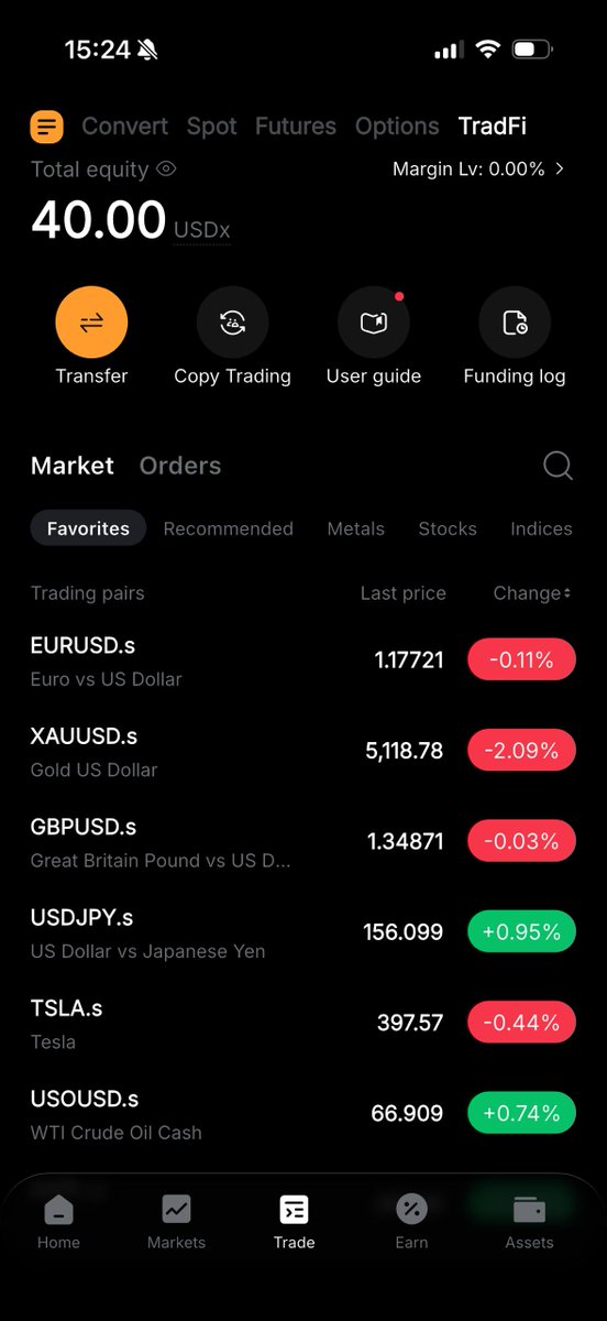 highchiefebuka's tweet photo. For the longest time, my trading experience was honestly stressful.

I trade crypto futures heavily on Bybit. That’s always been my main battlefield.

But anytime I wanted to trade forex or gold, I had to switch apps.

Open my forex broker.
Check margin there.
Monitor crypto on Bybit.
Manage two different dashboards.
Move funds around.

It doesn’t sound like a big deal until you’re actively trading both markets.

You miss moves because you’re switching tabs.

Your capital is split.

Your attention is divided.
And as a trader, inefficiency is expensive.

Then I noticed something on Bybit that most people are still sleeping on.

TradeFi.

You can literally trade forex pairs like GBPUSD, commodities like Gold and Silver, oil, indices and even stocks directly inside the Bybit app.

That changed my workflow completely.

Now everything sits inside one ecosystem.

Crypto futures? Same app.
Forex? Same app.
Gold? Same app.
Stocks? Same app.

No more juggling multiple platforms.

Bybit is quietly becoming a full trading powerhouse. Not just a crypto exchange anymore.

Crypto.
Forex.
Commodities.
Oil.
Stocks.
All in one place.

And the process is straightforward.

Open the Bybit app.
Go to the Trade section at the bottom.

You’ll see Futures, Options and TradeFi.

Select TradeFi.

Then transfer funds from your Unified Trading Account or Funding wallet into TradeFi.

Once that’s done, just pick your instrument.
Forex pairs.
Metals.
Stocks.
Oil.

Set your position size.
Buy or sell.
Place your stop loss.

Monitor and manage everything from one interface.

Clean.

The spreads are also very competitive for a crypto-integrated platform. When I checked the pricing on Gold, I knew this wasn’t just a side feature.

They’re building this properly.

If you trade across markets and you’re still using multiple apps, you’re overcomplicating your life.

Efficiency matters.

If this makes sense for your trading workflow, here’s where to start.

Signup on Bybit with the link below 👇🏼 and explore TradFi :

https://t.co/PPEHOuIfbX
Claim up to $5,100 in welcome bonuses when you sign up and complete the required actions.