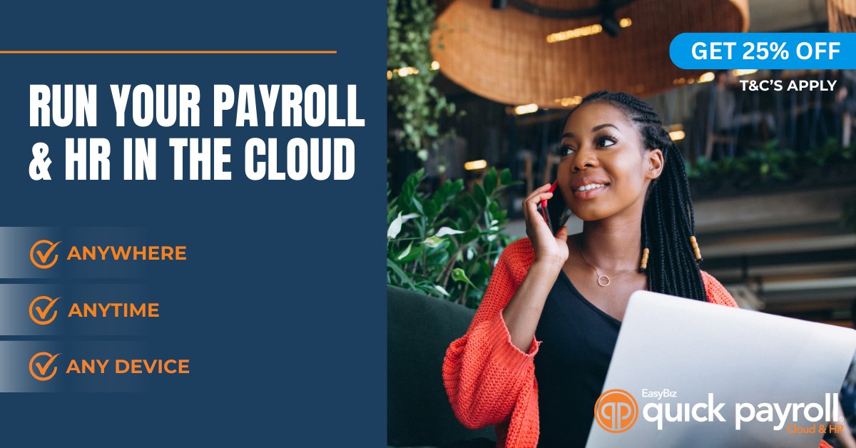EasybizT's tweet photo. Run your payroll &amp; HR from anywhere, anytime on any device.  With Quick Payroll Cloud &amp; HR, you’re always up to date with the latest legislation — backed up, safe, and secure.  Request your quote today! https://t.co/em4fLfMr3V https://t.co/YQ8hpSUBiC