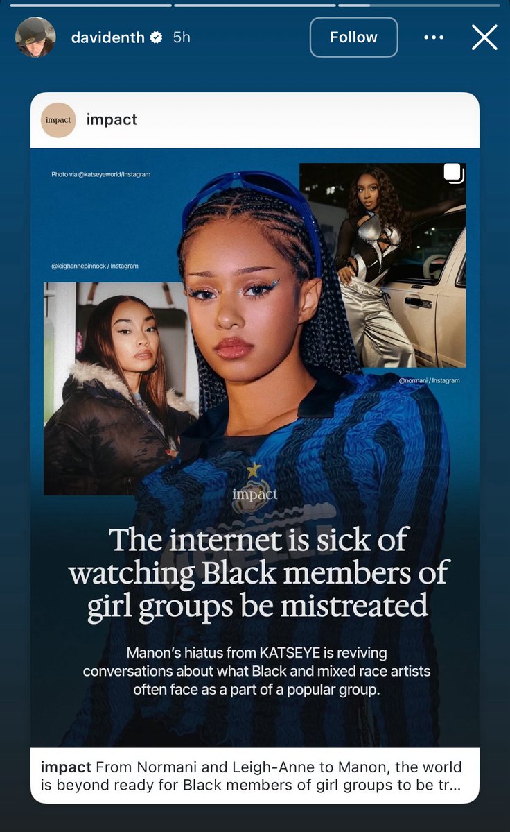 NewsKatseye's tweet image. Manon’s boyfriend, David, has shared impact’s article on the history of mistreatment towards black girl group members via IG. 

KATSEYE IS SIX
#WEWANTMANON
#JusticeForManon
#BoycottForManon
