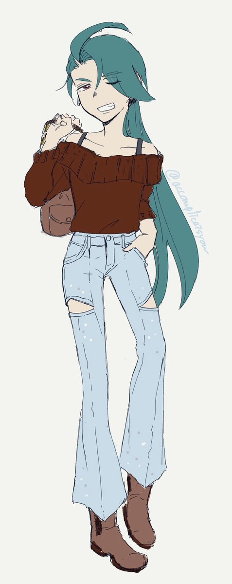 おすすめ欄に「細過ぎて誰が履けるんじゃい」ってなってるデニムが流れてきて、チちゃんならいける！と思って描いた。