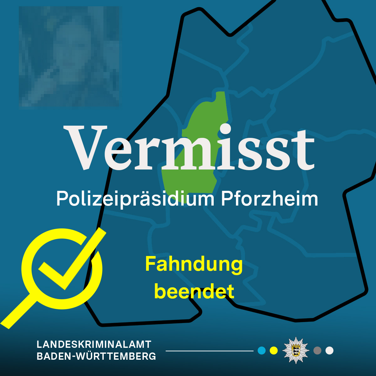 LkaBaWue's tweet image. +++ ✅ #Update zur #Vermisstenfahndung nach #Pforzheim ⚠️ +++

Das seit dem 03.02.2026 vermisste Mädchen aus Pforzheim konnte wohlbehalten angetroffen werden. Die Fahndung wurde gelöscht. 

Vielen Dank für Eure Unterstützung. 🙏

Euer #LKABW #BereitfürSicherheit