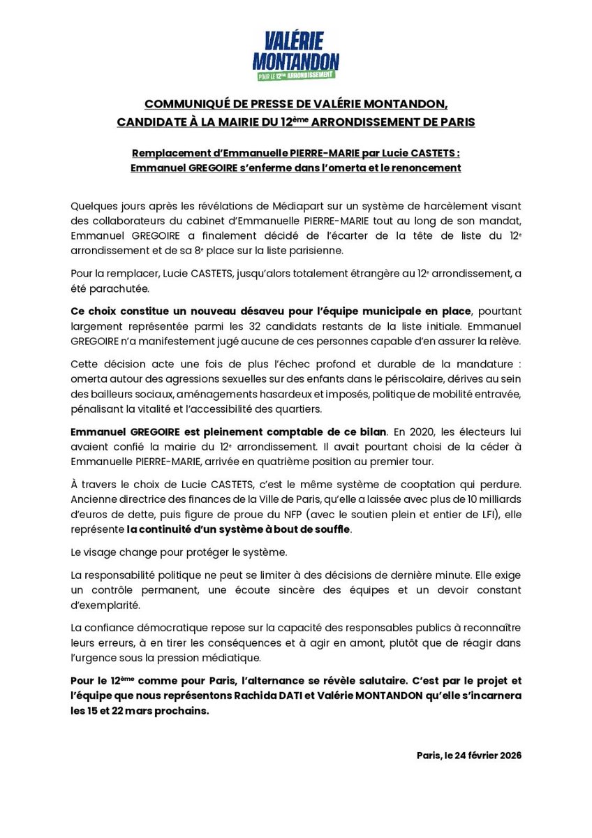 Omerta, renoncement, parachutage de <a href="/CastetsLucie/">Lucie Castets</a>  : <a href="/egregoire/">Emmanuel Grégoire</a> persiste dans un système à bout de souffle.
#Paris et #Paris12 méritent mieux.
Place à l’alternance avec <a href="/datirachida/">Rachida Dati ن</a> 
#Paris12 #Municipales2026 #Responsabilité