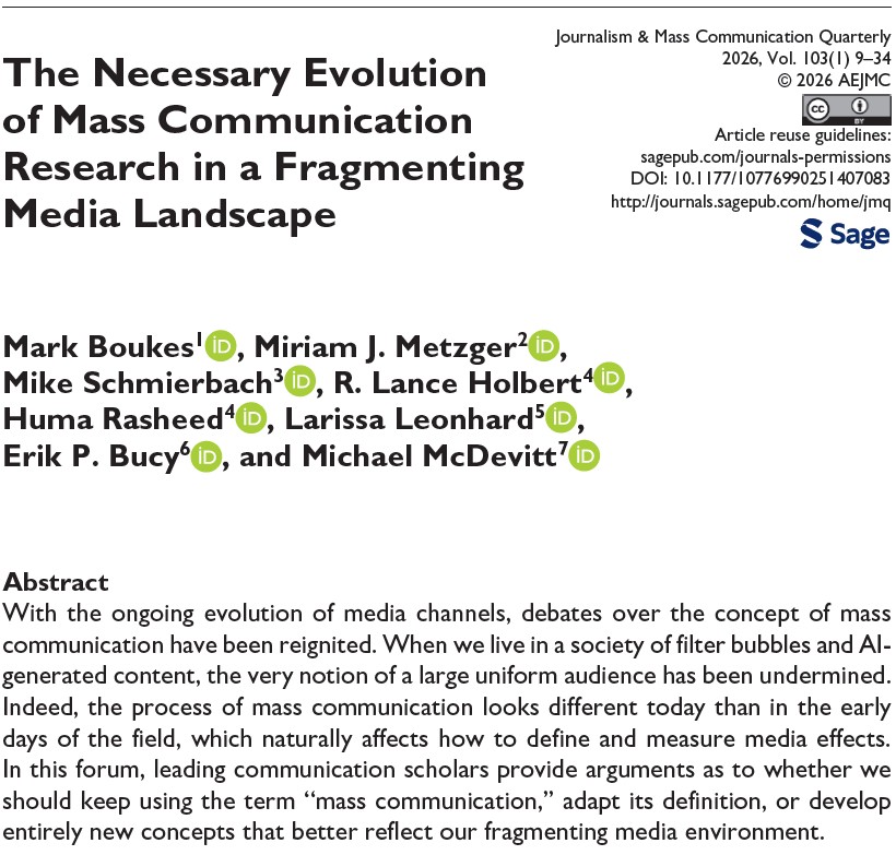 MarkBoukes's tweet photo. Does “mass communication” still exist — and if so, what should it mean today?

In this Forum for @jmcquarterly, we reflect on that question: "The Necessary Evolution of Mass Communication Research in a Fragmenting Media Landscape."

Open-access: https://t.co/iyUfgUm5eE https://t.co/qSJkRo223K