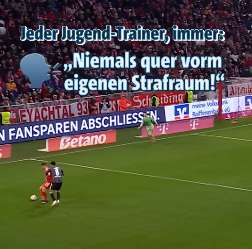 Ich möcht mal was zu dem Kimmich-Pass sagen, der in Medien als "Mega-Patzer" und sowas bezeichnet wird. Die Sportschau zitiert extra schlechtes Coaching von schlechten Trainern, um einen falschen Punkt zu machen.

Es gibt Situationen, in denen man wegschlagen sollte, aber das..