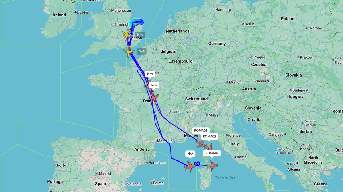 EISNspotter's tweet photo. KC-46/KC-135 #ROMA02/03, #ROMA04/05, #ROMA12/13, &amp; #ROMA14/15, are supporting F-22 Raptors #TREND51 (x3), #TREND54 (x3), #TREND61 (x3), &amp; #TREND64 (x3), which are continuing from RAF Lakenheath for Ovda AB. https://t.co/o07FZh4X0s