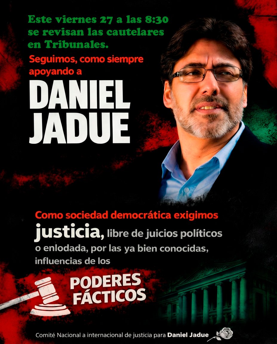Daniel Jadue es ejemplo de Justicia Social 
Acompáñanos📢 #JadueEsinocente
📆Viernes 27 febrero
🕣8:30 horas
📍En los tribunales, a pasos del Metro Rondizzoni
#JadueLibre #DanielJadue