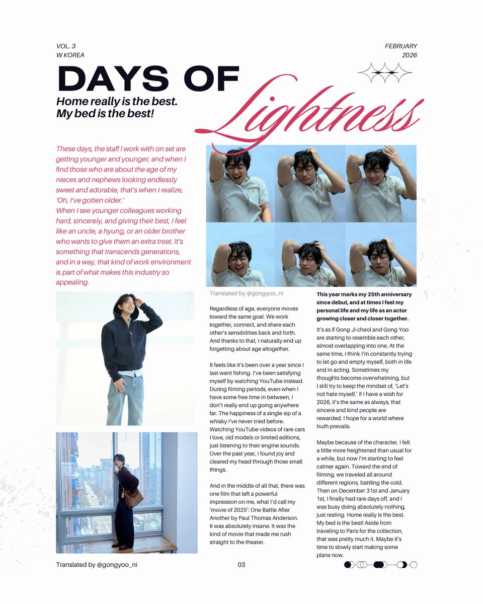 Gong Yoo’s interview in a cute layout ✨

My favorite quote because same, king: “Home really is the best. My bed is the best!”

🔗wkorea.com/?p=421257