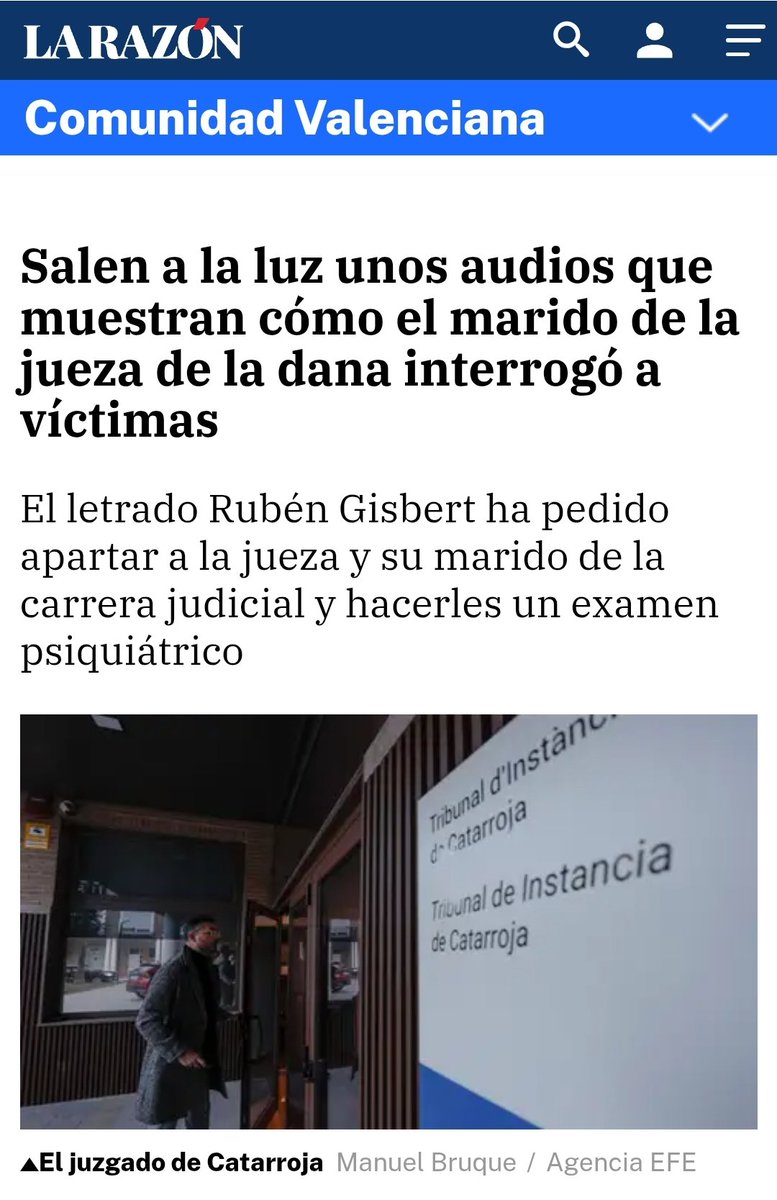 El periódico del grupo A3 Media se hace eco de la PREVARICACIÓN de la Jueza de Catarroja que instruye la causa penal por la DANA de VALENCIA 👇🎯

<a href="/gisbert_ruben/">Rubén Gisbert</a> ha tumbado a la Jueza ✅💪

larazon.es/comunidad-vale…