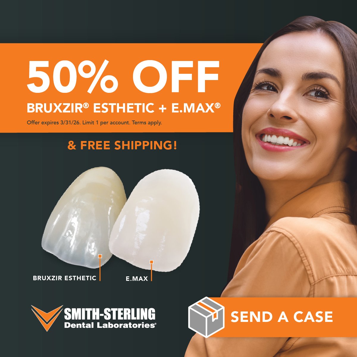 smithsterlingdl's tweet photo. 50% off BruxZir Esthetic or E.max cosmetic cases at Smith-Sterling through March 31. Claim your Rx form now.

https://t.co/YzlqH6HO3d

#AnteriorEsthetics #DentalLaboratory https://t.co/F6iQ82bl7Q