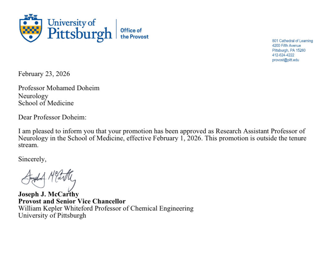 I’m pleased to share that I’ve been promoted to Research Assistant Professor of Neurology at the University of Pittsburgh School Medicine, effective Feb 1, 2026. My ambition for <a href="/NeuroprecisionL/">NeuroPrecision Lab</a>, to help patients with acute neurological disorders, has no limits!