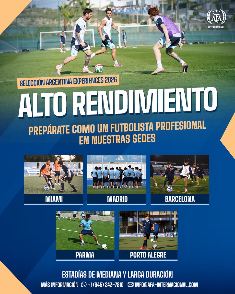 Entrena como un futbolista profesional en nuestras sedes ⚽🇦🇷

Programas para jugadores y delegaciones de todo el mundo disponibles en:

🇺🇸 Miami
🇪🇸 Madrid
🇪🇸 Barcelona
🇮🇹 Parma
🇧🇷 Porto Alegre

Estadías de mediana y larga duración.

Más información: afa-internacional.com/experiences