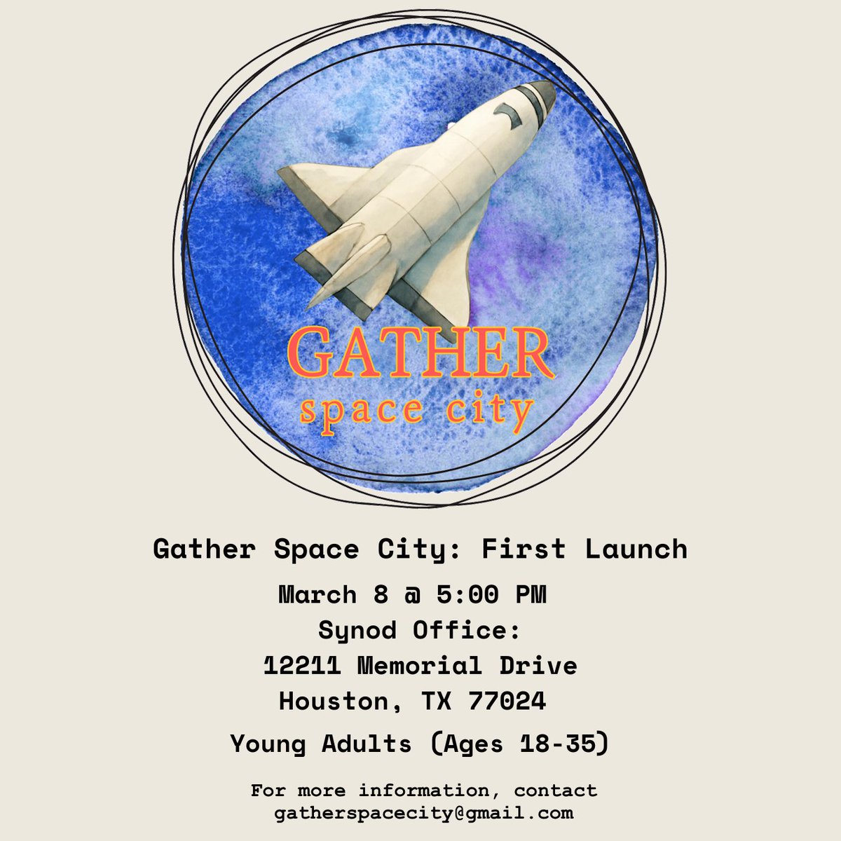 Gather Space City will be hosting its first event on March 8 at 5 PM at 12211 Memorial Drive Houston, TX 77024. Follow on Instagram at instagram.com/gatherspacecit….