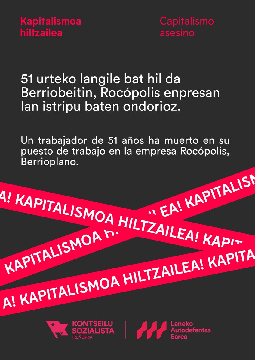 ⚫ Lanean zegoela hil da 51 urteko langile bat gaur goizean. 

Doluminak senide ta gertukoei.  

KAPITALISMO HILTZAILE!