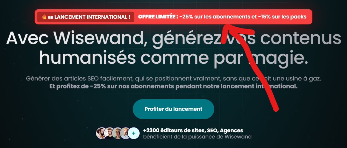 Vous l'avez raté ? On est sans doute sur une des plus grosses promos de l'année pour notre lancement international de Wisewand

-25% sur vos abonnements
-15% sur les packs de crédits

✅ Interface en FR ou EN.
✅ Rédaction en multi langue (DE, IT, ES, EN et bien plus) 👇