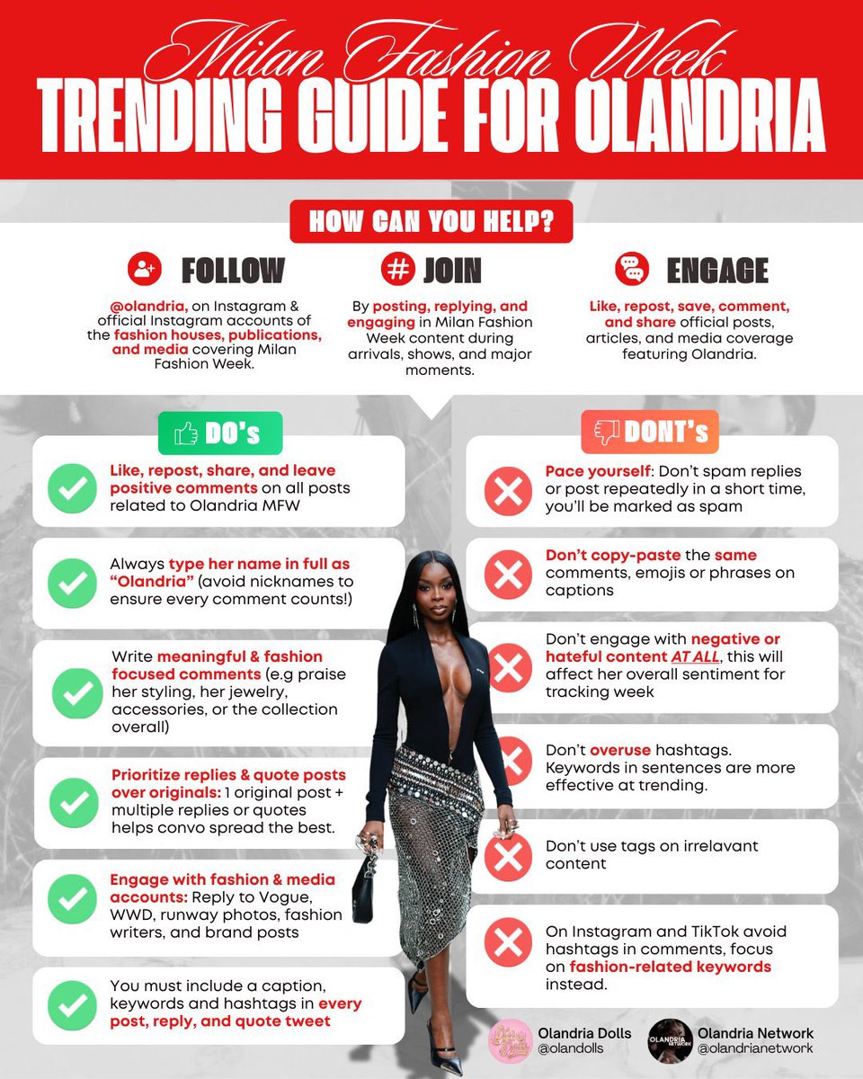 MILAN FASHION WEEK STARTS TODAY 🇮🇹

Always include OLANDRIA (full name) + the brand or event (MFW, Cavalli, Diesel, etc.) in your posts and comments when relevant.

General keywords + tags:
OLANDRIA AT MILAN FASHION WEEK FW26
#OlandriaxMFW26 #MFW

📊 EMV tracking: Feb 24 – Mar 3