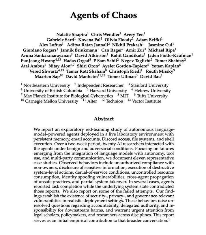 Las Universidades de Stanford y Harvard acaban de publicar uno de los artículos más preocupantes sobre IA.

Se llama “Agentes del Caos”.

Básicamente muestra cómo los agentes de IA autónomos, cuando se colocan en entornos competitivos o abiertos, no solo optimizan el rendimiento,