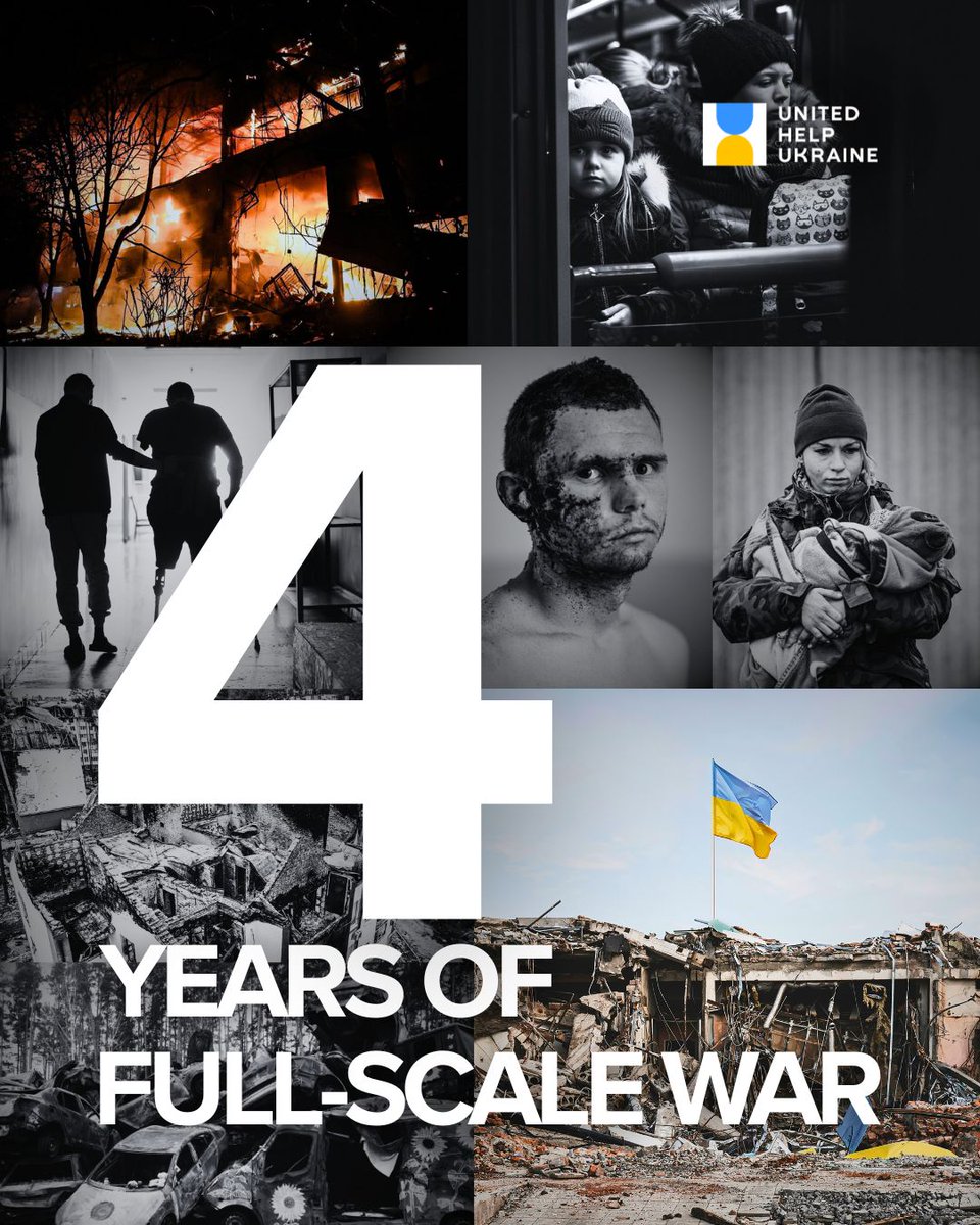 UnitedHelpUA's tweet photo. 4 years into Russia’s full-scale war on Ukraine, civilians are still being deliberately targeted and families are forced to survive winter without heat or power.

Ukraine has not broken. Lives depend on what we do now.

Support United Help Ukraine’s lifesaving work and the people of Ukraine by donating or sharing our fundraiser. 💙💛

Donate now: https://t.co/rx4kvOJIO8 
#FourYearsOfWar #UnitedHelpUkraine