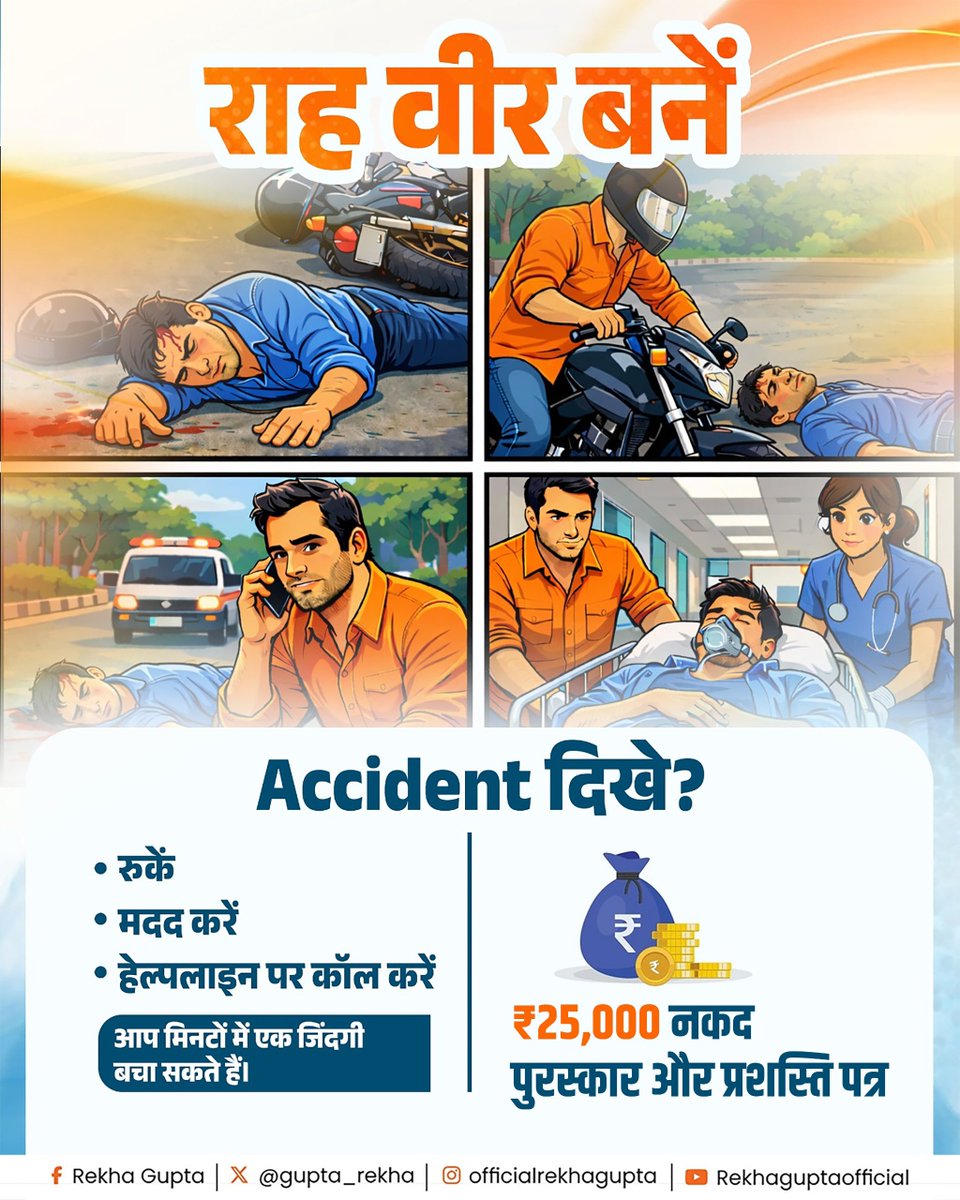 आपकी सतर्कता और कुछ मिनटों का समय किसी की ज़िंदगी बचा सकता है।

🔶 सड़क पर दुर्घटना दिखे तो आगे बढ़ने से पहले रुकें।
🟢 मदद करें।
🚨 एम्बुलेंस को कॉल करें।

आपकी मानवता और साहस के लिए सरकार द्वाराः
🔶⁠  ⁠₹1 लाख तक का सम्मान (टॉप-10 राह वीरों को)
🔶  ⁠₹25,000 तक का प्रोत्साहन
