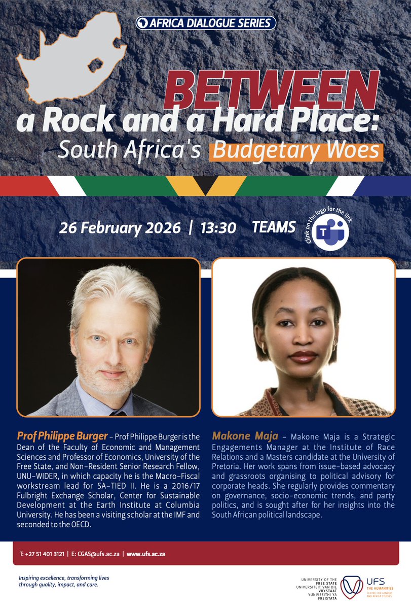 📊 Free Webinar | Join Prof Philippe Burger and Makone Maja in this #AfricaDialogueSeries webinar as they analyse the SA's fiscal challenges and their impact on everyday life.

🗓 Thursday, 26 February | 13:30 | Online: bit.ly/4b7rvT1 

#UFSBusinessSchool