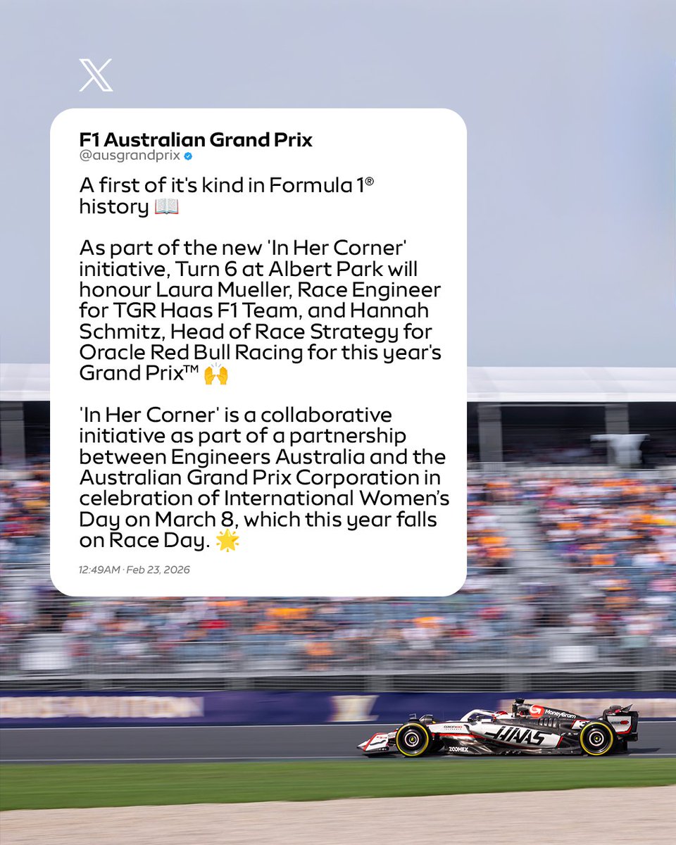 SkySportsF1's tweet photo. Laura Mueller and Hannah Schmitz are set to become the first women to have an F1 circuit corner named after them, with Turn Six being dedicated to the pair at the Australian Grand Prix 👏🏁

It comes amid the In Her Corner initiative which aims to inspire the next generation of engineers 🔧