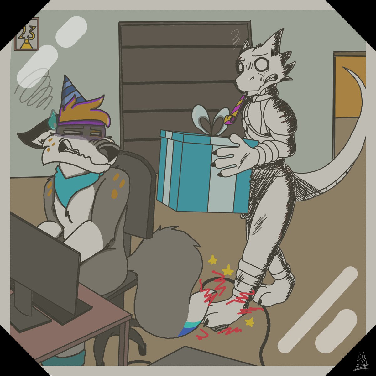 Doggy_art19's tweet image. Happy birthday to me today yay ! Onyx wanted to give a #gift but #hurt his paw, cause a #plug on the way,  honestly wasn't motivated to #draw something at the start so i did something quick and #silly -w-   hope you like hehe

 #oc and #art : me
#cartoon #toon #anthro #animal
