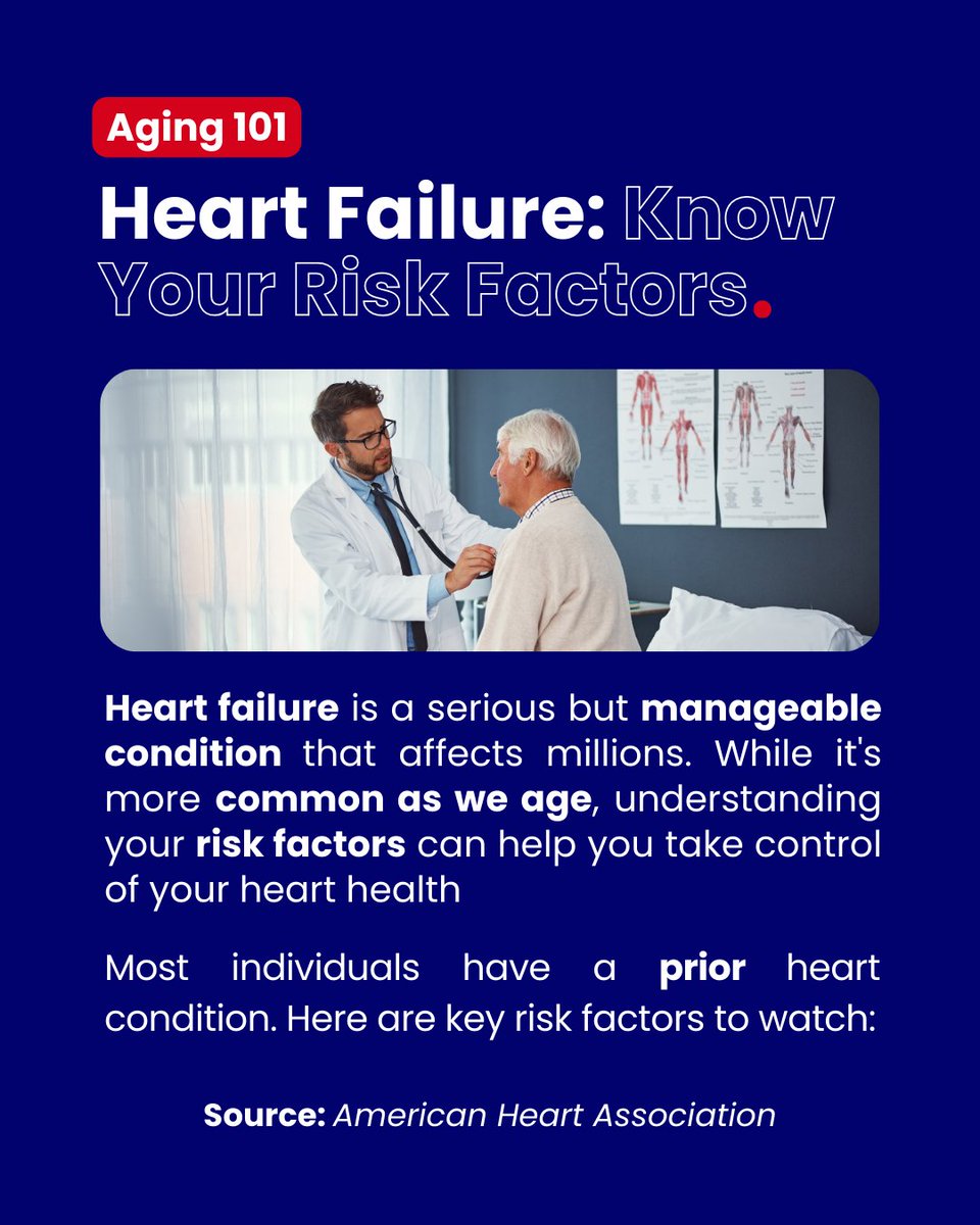 NHCOA's tweet photo. #Aging101 | While #heartfailure may sound scary, understanding what puts you at risk can help you take charge of your #health.🫀⚡️
Many conditions, such as high blood pressure, diabetes, and even aging, can affect your heart over time.
Learn about the 6⃣ major #risk factors👇 https://t.co/lROW1ecBIr