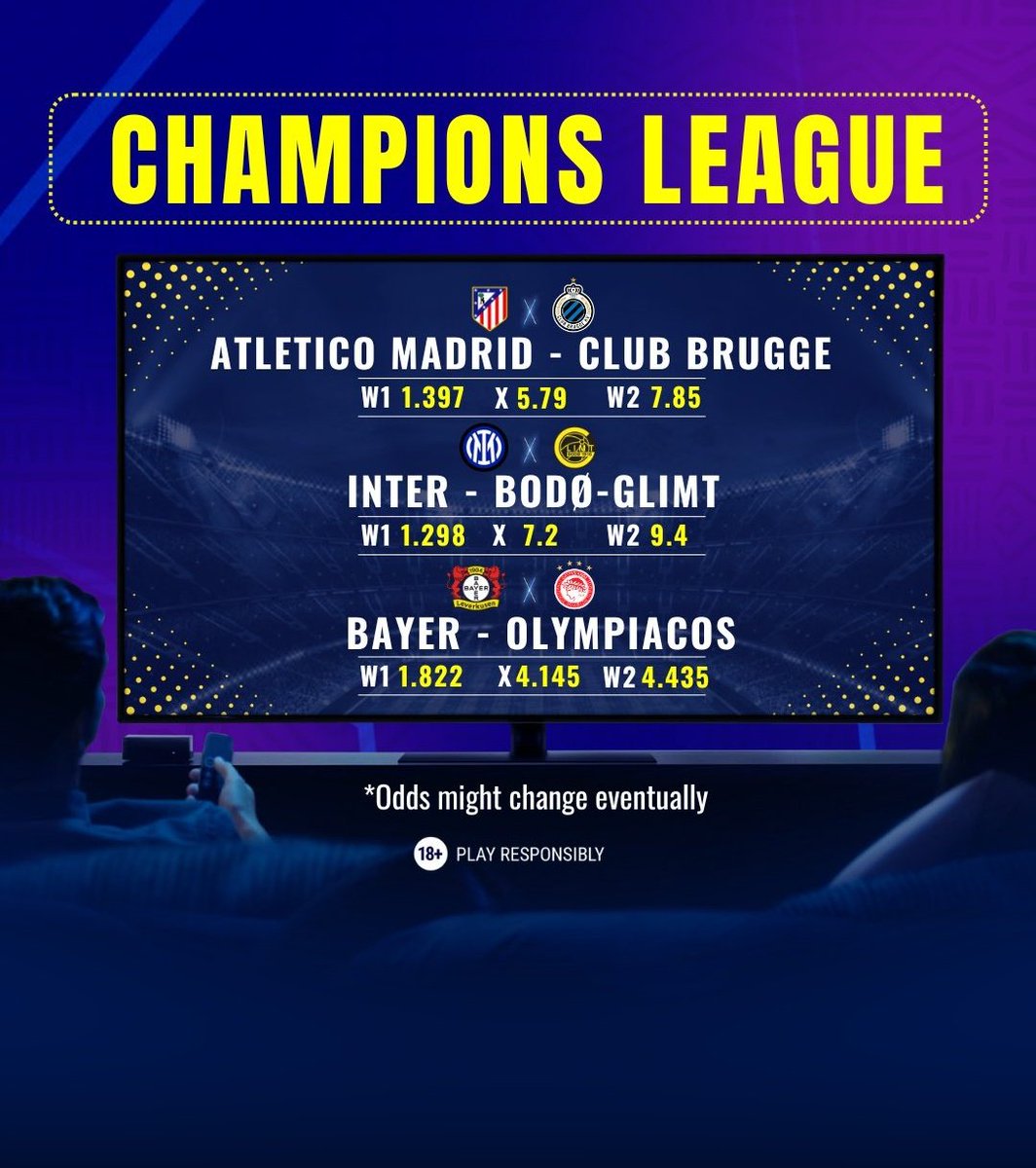 spectatorinde's tweet photo. CHAMPIONS LEAGUE IS BACK 🔥
Drop your predictions for thesE 4 unmissable clashes and stand a chance to win.
Must be following and active
1️⃣ Atletico Madrid — Club Brugge
2️⃣ Inter — Bodø-Glimt
3️⃣ Bayer — Olympiacos
4. Newcastle - Qarabag FK
#championsleague #predicton #predict https://t.co/lelyWTM65R