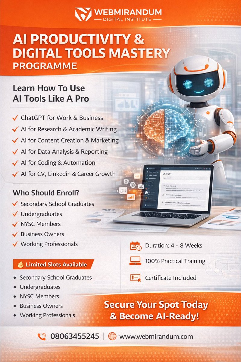webmirandum's tweet photo. Why 80% of Graduates Will Struggle Without AI Skills
The job market has changed — permanently.
Today, companies are no longer asking: “What did you study?”
They are asking: “What tools can you use?”
AI is no longer optional.
It is now the Future Realities of Workplace 
#AI @grok https://t.co/E2uz0LgwpB